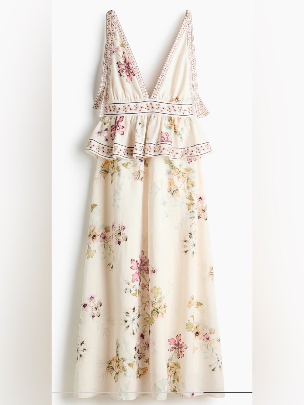 H&M Cream Floral Tie-Shoulder Ruffle Midi Dress